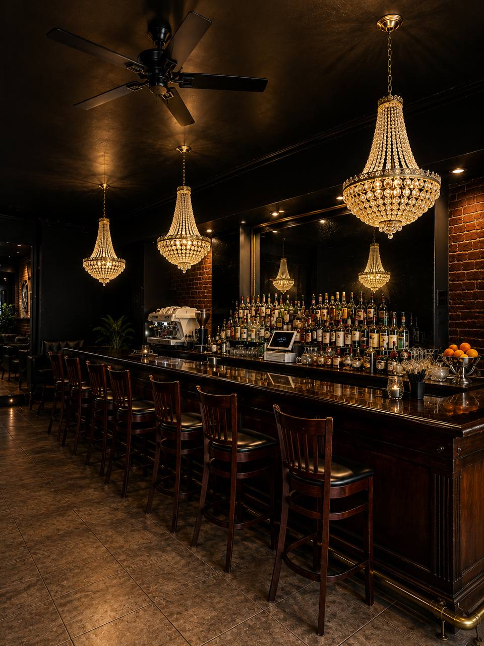 Sophisticated cocktail bar with chandeliers