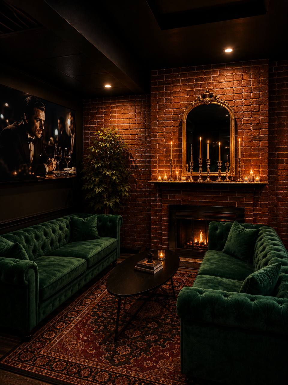 Cozy coffee bar seating by the fireplace